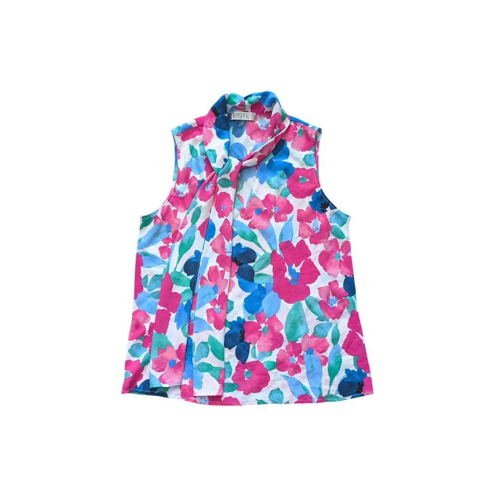 Kasper Tie Neck Top Womens L Floral Career Work Coastal Mature Sleeveless